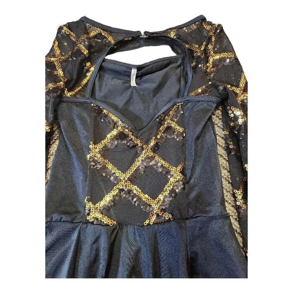 Weissman sz MA black gold sequin one piece long sleeve biketard dance ballet